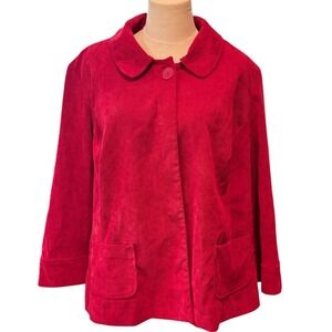 Vintage Red Corduroy Button Front Jacket Peter Pan Collar Pockets Womens 20W